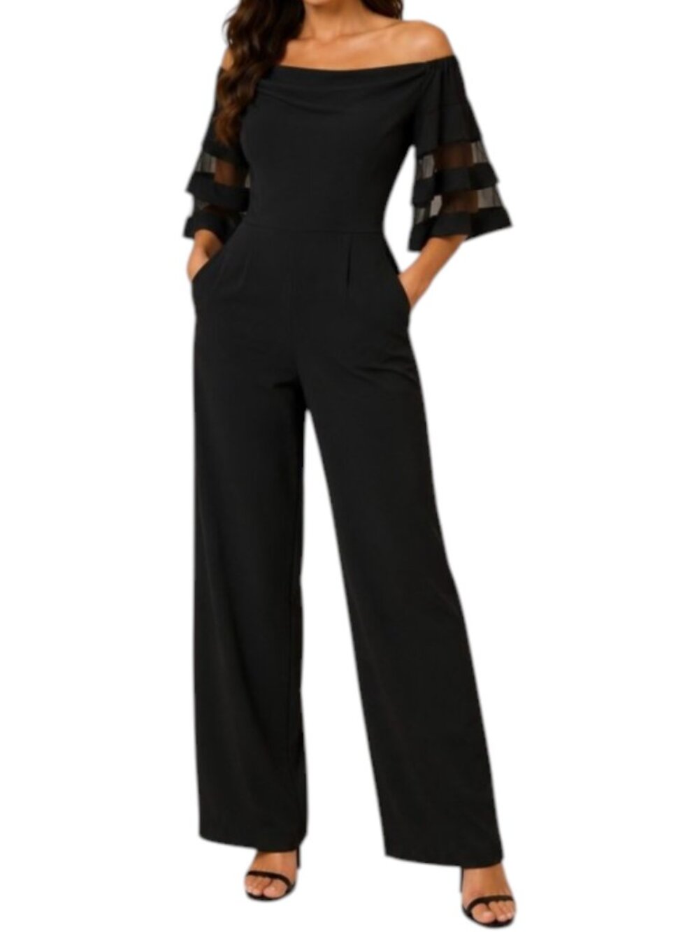 Premier Amour | Black Bell Sleeve Wide-Leg Pant Jumpsuit | 14